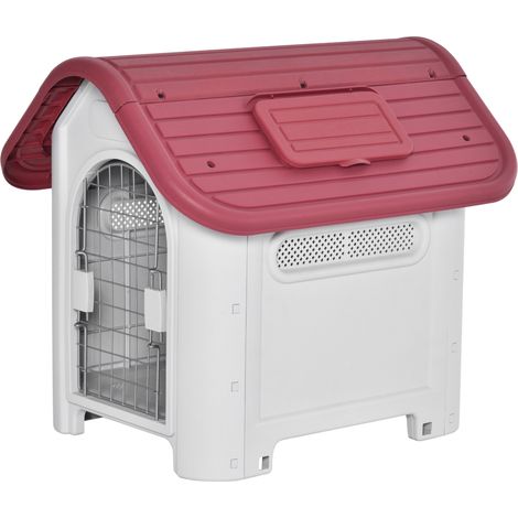 Nichoir pour chien extérieur imperméable avec fenêtre de toit réglable, porte amovible et ventilation, en plastique rouge - CHICFURN (1/5)
