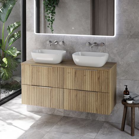 Helix 460 Fluted Autumn Oak 1200mm Wall Mounted 4 Drawer Vanity Unit for Countertop Basins
