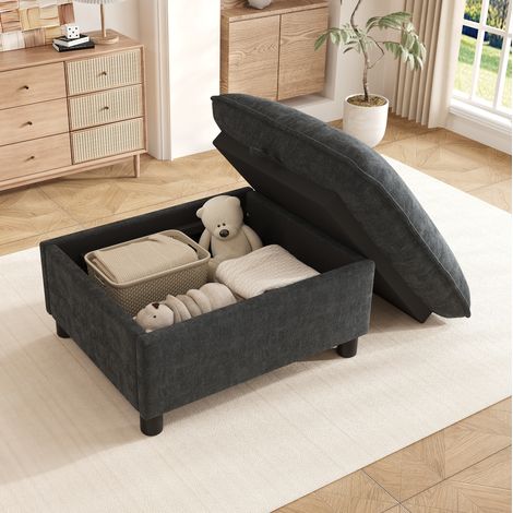 Puff baule contenitore in ciniglia nero 98x65x48 cm (1/5)