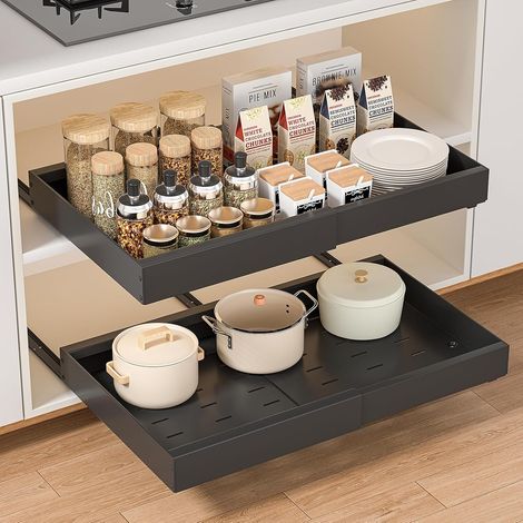 Lot de 2 Extensible Tiroir Coulissant Cuisine, Rangement Et Organisation De Cuisine Sans Poinçon Pour L'organisation Des Armoires De Cuisine, Salle De Bain, Largeur Réglable De 32-52x42x7cm,noir (1/5)