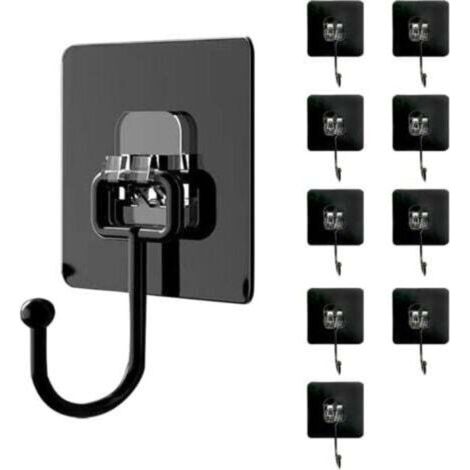 Lot de 10 Crochets Mural Adhésifs Noir (Max 30 kg) - Étanche Sans Trace Fixation sans Percer pour Salle de Bain et Cuisine (1/4)