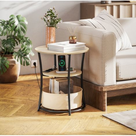 Mesa auxiliar 50x50x55.1 cm, con regleta integrada y 3 niveles de almacenaje, bolsa de tela, madera y metal, madera natural (1/5)