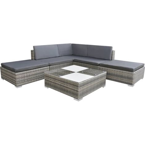 6-tlg. Garten-Lounge-Set mit Kissen Poly Rattan Grau