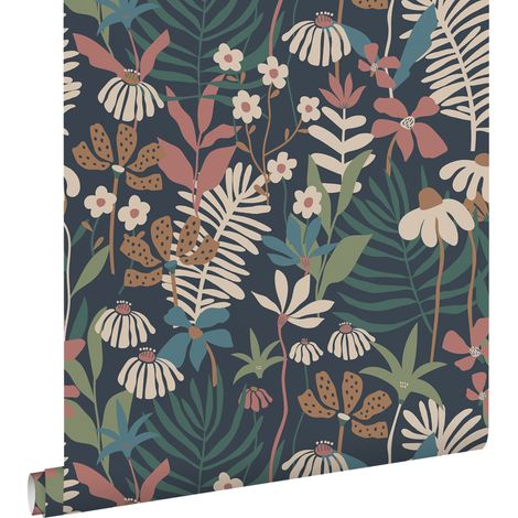 papier peint feuilles et fleurs tropicales bleu foncé et multicolore - ESTAhome (1/5)
