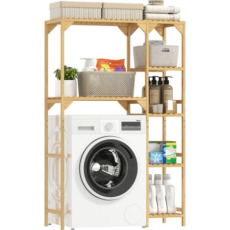 HOMCOM estantería para lavadora de bambú, mueble para lavadora o inodoro con estantes reversibles y ajustables, ahorra espacio, para baño, natural