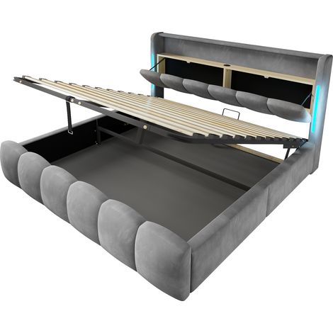 Cama tapizada 180 x 200 cm de terciopelo gris con LED, arcón hidráulico, USB y Type-C (1/5)
