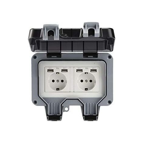 Prise murale extérieure double avec USB, étanche, résistante, prise électrique avec boîte murale (double) - accessoire de domotique (1/5)