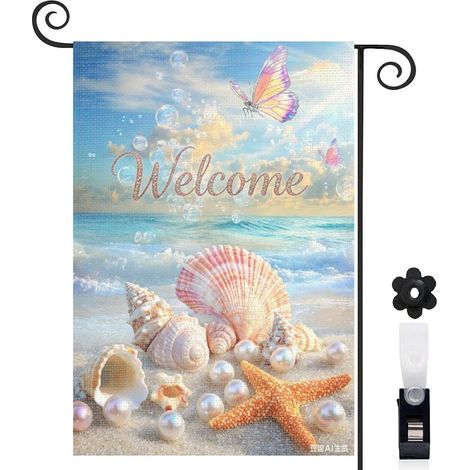 Drapeau de jardin décoratif 30 x 45 cm motif coquillages étoiles de mer et perles élégantes toile double face (1/5)