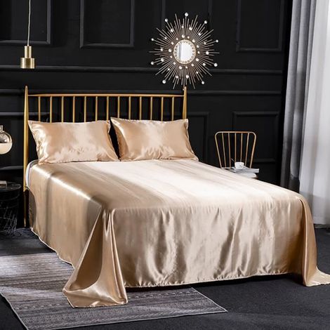 Parure de Draps Satin, Drap Housse 180x200x35 cm Grand Bonnet avec Drap Plat et 2 x Taie d'Oreiller Couleur Unie Soie, Bronze (1/4)
