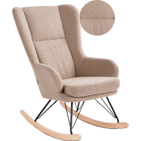 Mecedora tapizada de bouclé patas de metal negro con reposabrazos respaldo alto sala de estar habitación infantil beige Luoma