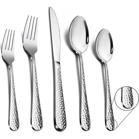 Ménagère de 60 pièces en acier inoxydable pour 12 personnes, manche marteau, couverts de table avec couteau, fourchette, cuillère, poli brillant et passe au lave-vaisselle (1/5)