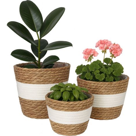 Relaxdays Blumentopf, 3er Set, Schilf, Pflanzentöpfe mit Folie, 3 Größen, Boho-Style, runde Blumenübertöpfe, weiß/braun