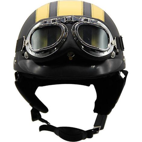 Casque de moto d'été léger en cuir style rétro Harley, avec lunettes de sécurité, demi-casque tendance, pour véhicules électriques, noir et jaune. (1/3)