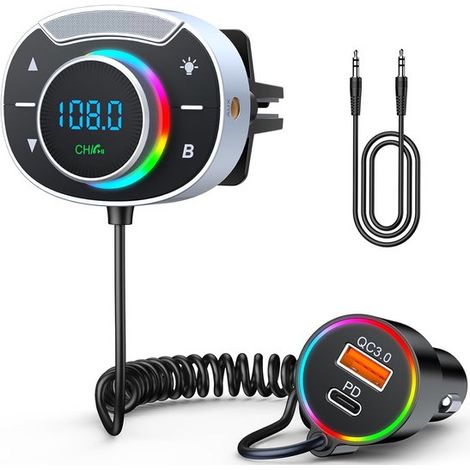 Émetteur FM Bluetooth 5.3 - Kit mains libres pour voiture avec chargeur rapide, récepteur Bluetooth, charge rapide QC3.0 et PD30W, appels mains libres, amplificateur de basses, éclairage LED multicolo