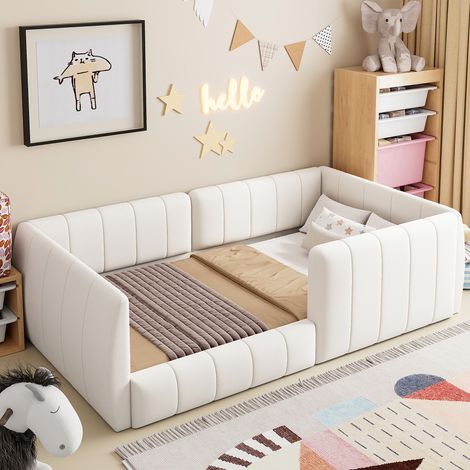 Cama infantil de 90x200 cm tapizada con barandillas de seguridad, cabecero cómodo, MDF y lino beige. (1/5)