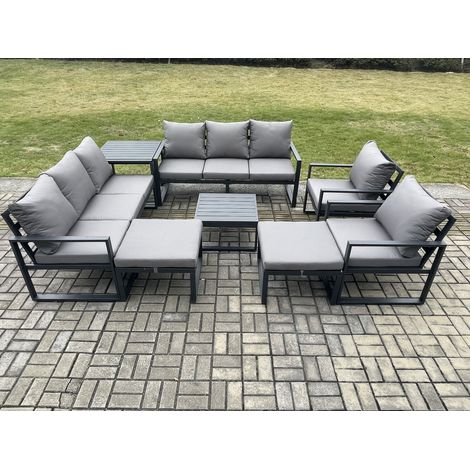 Fimous Aluminium Patio Outdoor Garden Furniture Lounge Sofa Set with Square Coffee Table 2 Chairs Side Table 2 Big Footstool Dark Grey (1/5)