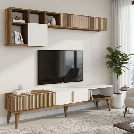 Dmora - Pared Equipada Gemini, Composición de la sala de estar, Muebles de salón multiusos, Gabinete de TV, 180x35h40 cm, Nogal y Blanco, con embalaje reforzado (1/5)