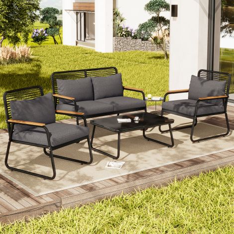 Salon de jardin 4 places,comprenant un canapé et une table, avec structure en fer galvanisé, plateau en verre trempé et pieds réglables tous les coussins d'assise et de dossier,noire (1/5)