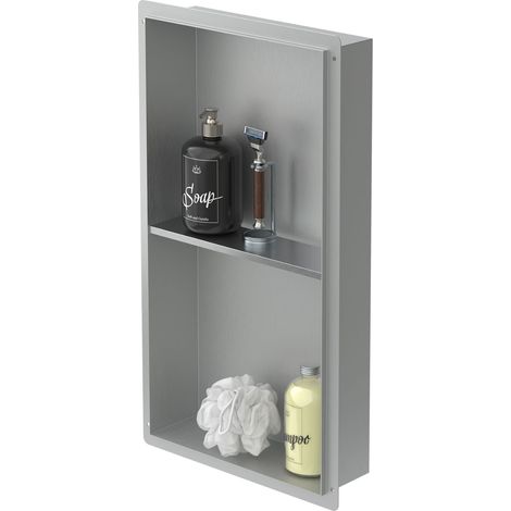 LuxeBath Wandnische Doppel aus Edelstahl, 30x60x10 cm, Silber, Duschnische, Randlos, Einbauregal, Flexibler Einbau, Befliesbare Nische für Badutensilien, Duschablage, Doppelregal Badezimmer Lagerung (1/5)