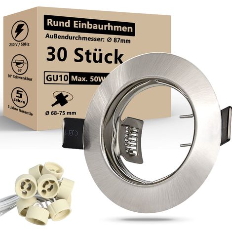 30x Spot Encastrable GU10 Set,Cadres de Montage en Inox Brossé pour Spot Led Encastrable 65-68mm Avec Douille GU10,220-240V,Rond,Pour Lampes A LED Ou Halogènes (1/5)