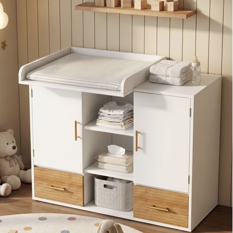 Commode à langer multifonctionnelle avec grille amovible, MDF blanc, 114 x 53 x 92 cm (1/5)