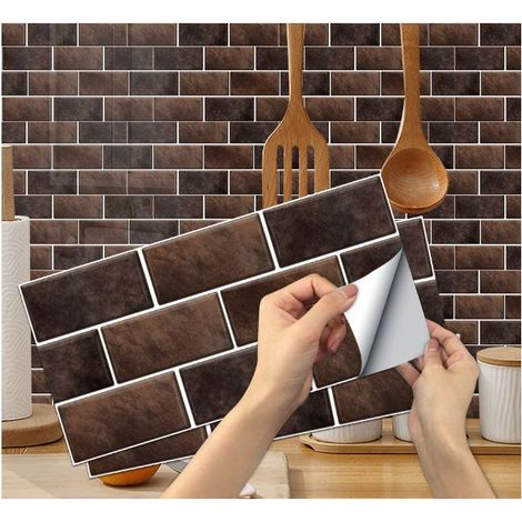 – Lot de 6 stickers carrelage cuisine marron 15x30cm – Autocollants en PVC imperméable – Facile à installer – Pour salle de bains et cuisine (1/5)