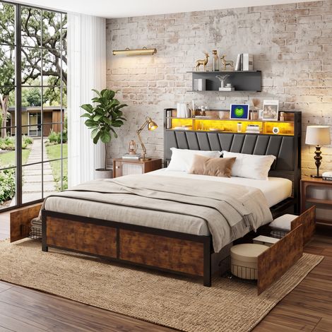 Superaly lit Double 160 x 200 cm, 4 Tiroirs de Rangement, tête de lit avec étagères de rangement, éclairage LED, port USB, Lit capitonné pour adultes en PU noir, base à lattes, style industriel (1/5)