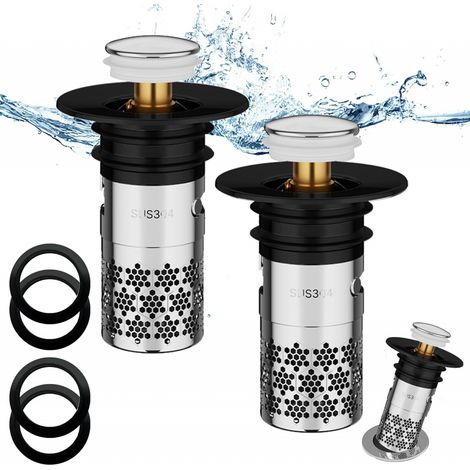 2 Bouchons Lavabo Inox 33-40mm Pop-up Universel Filtre Anti-Bloque Noir (1/5)