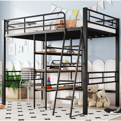 Cama alta de metal negro 90x200 cm con escritorio, estantes, escalera y barandilla