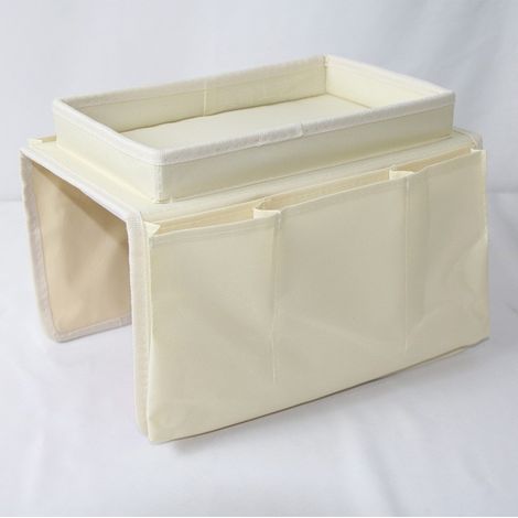 Beige Umhängetasche zum Einhängen an der Armlehne eines Sofas, 31 x 19 x 18 cm, multifunktionale Aufbewahrungstasche für verschiedene Gegenstände. (1/5)