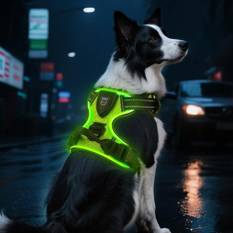 Harnais Chien Anti Traction, Gilet Réfléchissant Réglable pour Chien avec Poignée Contrôl, Rechargeable, Harnet pour Chiens Petits, Moyens et Grands (Vert - L) (1/5)