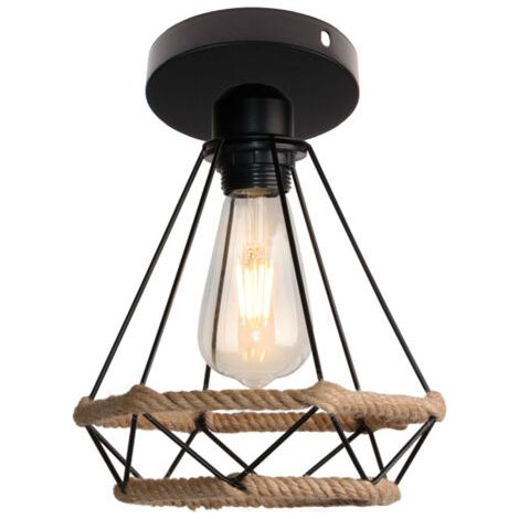 royaluxe- Plafonnier Vintage Luminaire Plafonnier Diamant Lampe De Plafond Rétro En Corde De Chanvre E27, Pour Chambre À Coucher, Couloir, Noir (1/5)