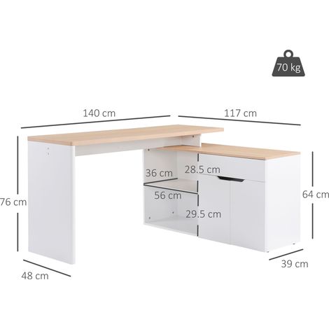 Bureau d'angle (avec étagère à deux niveaux, placards et tiroirs), 140 x 117 x 76 cm, bois, blanc (1/5)
