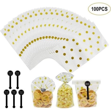 Lot de 100 Sachet pour Biscuit Sachets Biscuits Sachets Bonbons Sac Sachet Pochette de Biscuit avec Stickers,Sacs en Plastique