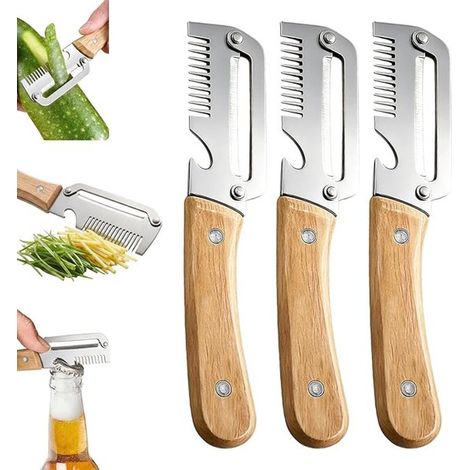 Juego de 3 peladores, Pelador multifuncional 3 en 1 para frutas y verduras, Peladores, Con mango de madera y abridor de botellas (1/5)