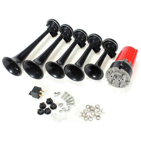 Klaxon pneumatique 12V 120dB – 5 cornes à air noires – Compresseur inclus – Pour voitures, camions et bateaux (1/4)