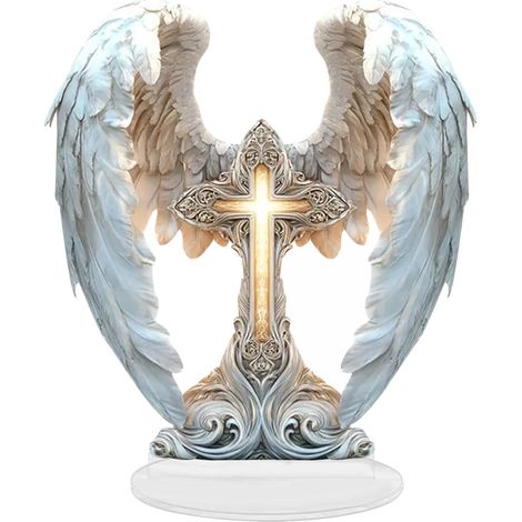 Sculpture Résine Ailes D Ange Et Croix - Décoration De Bureau Et Intérieur - Figurine Religieuse Pour Table - 1 Pièce (1/5)