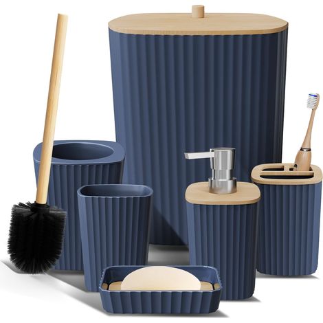 Ensemble d'accessoires de Salle de Bain 6 pièces avec Brosse WC, Poubelle et Distributeur de Savon Bleu Marine (1/5)