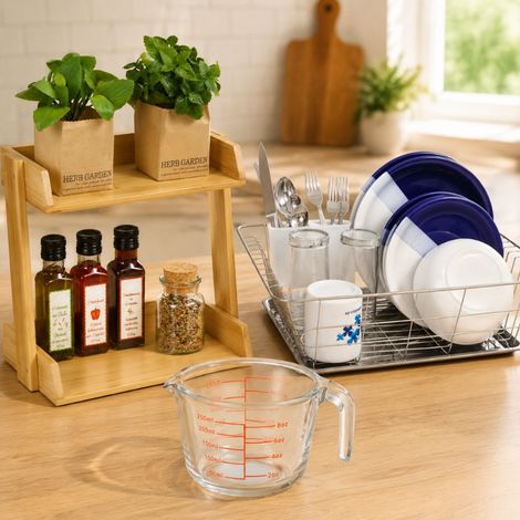 Ensemble de séchage de cuisine en inox (3 pièces) – Grand égouttoir à vaisselle, étagère à épices et pichet en verre (1/5)
