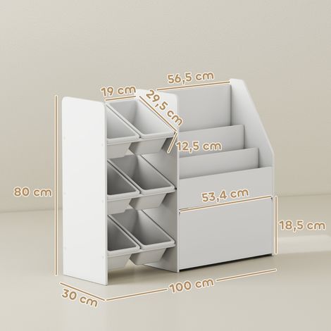 Étagère à jouets,étagère pour la salle des enfants avec 6 bacs,étagère à livres,boîte roulante,100 x 30 x 80 cm,MDF,acier,blanc
