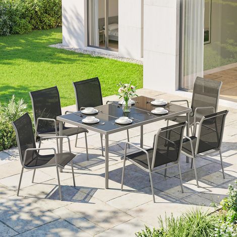 6-teiliges Gartenmöbelset, Tisch und Stühle mit stapelbaren Textilene-Stühlen, 70 x 51 x 87 cm, Silber