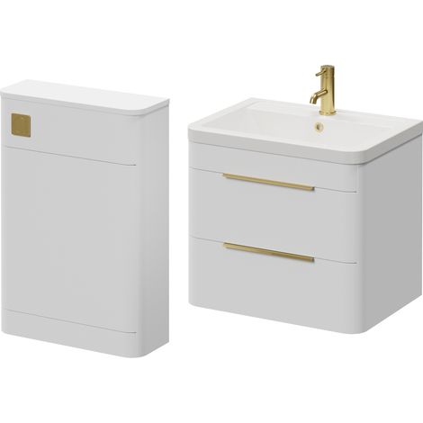 Oslo Gloss White 1150mm Wall Mounted Vanity Unit Toilet Suite with Anya Basin - 1150mm - Brushed Brass 300mm Finger PullWithout Jubilee Toilet Pan