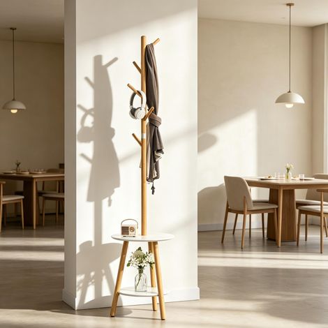 Garderobenbaum Bambus 5 Haken + rundes Ablagefach, 2-in-1, weiß/Bambus, für Flur & Schlafzimmer (1/5)