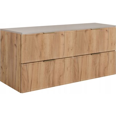 Rodan Waschbeckenunterschrank Slim 120,6 cm, Braun, 46 x 100 x 58,6 cm, wandhängend, beige Platte, 4 Schubladen, 3 Grifffarben inklusive
