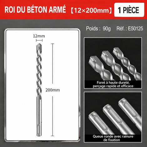 Foret pour béton haute résistance queue ronde 12 × 200 mm 12 200mm 200 e50125 18 × 15 × 2 cm 90 g – Livraison gratuite