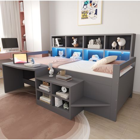 DESVIAE Lit enfant multifonction 90 x 200 cm avec bureau intégré rangements intégrés prises USB et lampe LED gris (1/5)