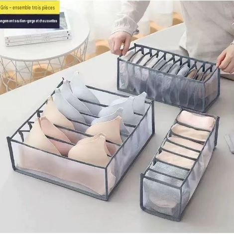 lot de 3 boîtes de rangement en filet grises à compartiments organisateur de tiroir d'armoire pour sous‑vêtements chaussettes et soutien‑gorge (1/5)