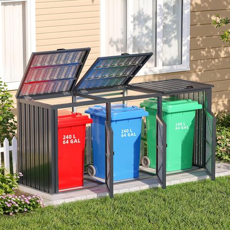 YODOLLA Galvanised Steel Garden Storage Box Waterproof Outdoor Bin Shed Compact 3-Door Tool Organiser for Outside, Grey (1/5)