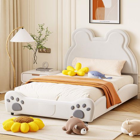 Lit enfant rembourré 140x200 cm, forme ourson, velours blanc, tête de lit rembourrée, lit simple, sans matelas (1/5)