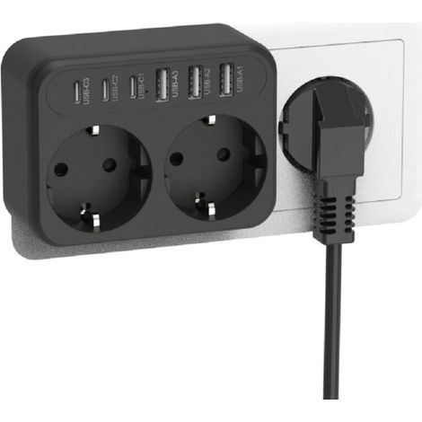 Multiprise Convertisseur EU – Idéal Bureau & Voyages,Prise européenne 8 en 1,3 ports USB3 + 3 ports Type-C,noir (1/5)